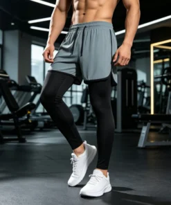 Men's 2-in-1 Sports Shorts, Training Tracksuit Set, Men's Running Jogger Pants for Marathon & Basketball Training