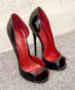 New black patent leather and red lining 12cm sexy fish mouth shoes, shallow mouth super high heels, plus size shoes 33-46