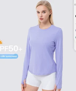 Women's ice silk sun protection sports long-sleeved loose and breathable running yoga wear, fitness long-sleeved T-shirt top