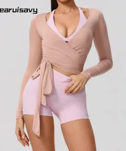 Hearuisavy Summer Women's Yoga Shirt Long Sleeve Sportswear Gym Breathable Quick Dry Sports Top Pilates Dance Ballet Wrap Tops