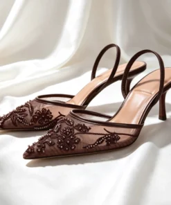 Sexy Pointed Toe Mesh Embroider High Heels for ladies Elegant String Bead pumps Summer Luxury Designer Shoe Brown Heeled Sandals