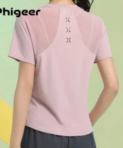 PHIGEER Women Loose Yoga Tops Summer Lightweight Quick Dry Short Sleeve Workout Tee Breathable Sports Shirt Gym Wear Sportswear